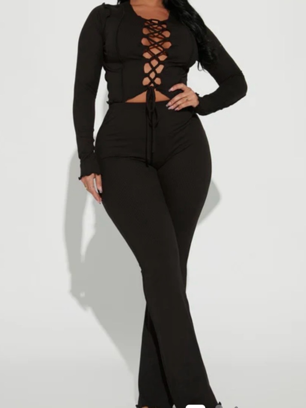 Fashion Nova Black Lace-Up Ribbed Flare Jumpsuit